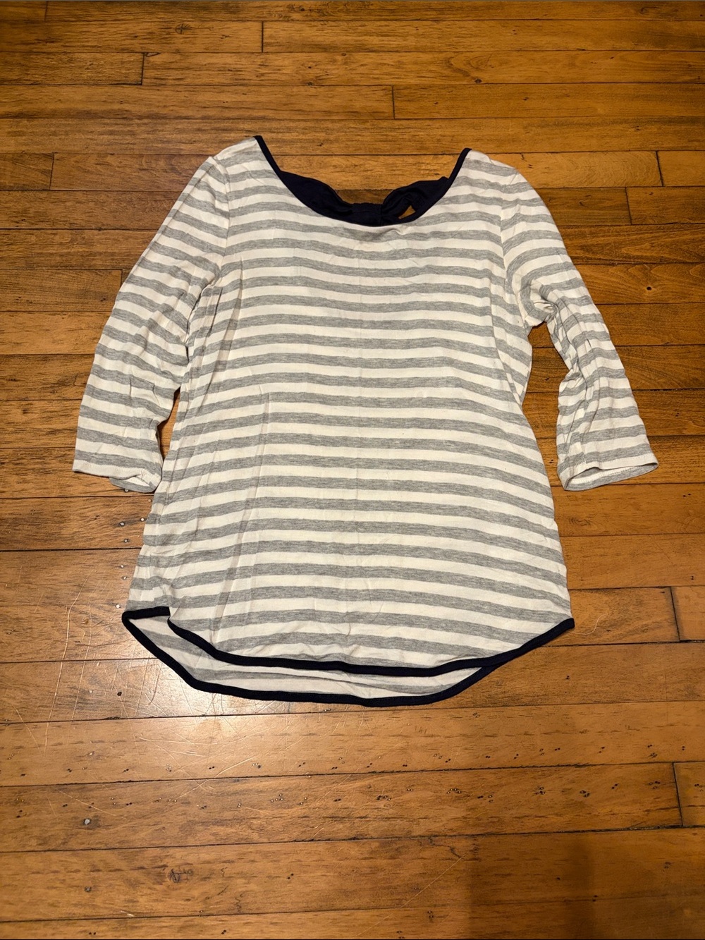 Striped Gray & White Boatneck Women's Top with Navy Trim and Crisscross Back